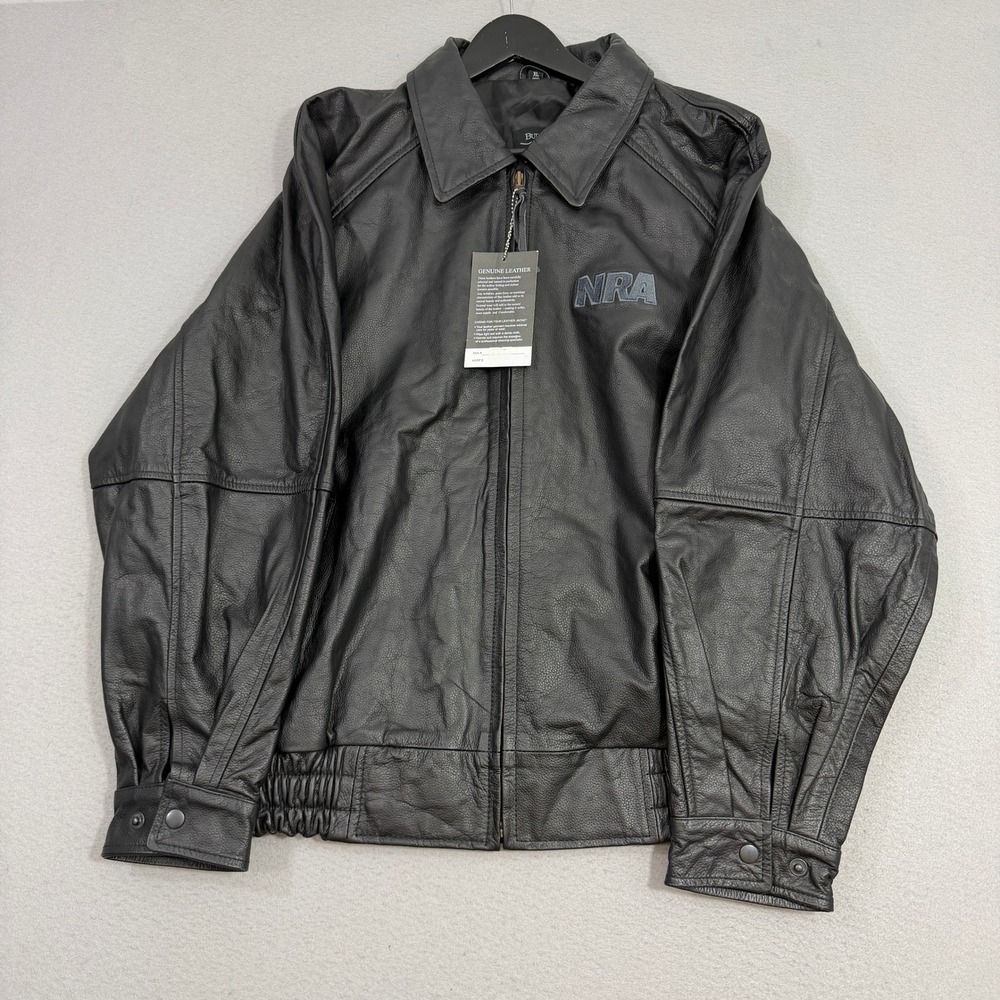 Vintage Burks Bay Leather Jacket Men XL Black NRA Logo Bomber Full Zip Biker NEW